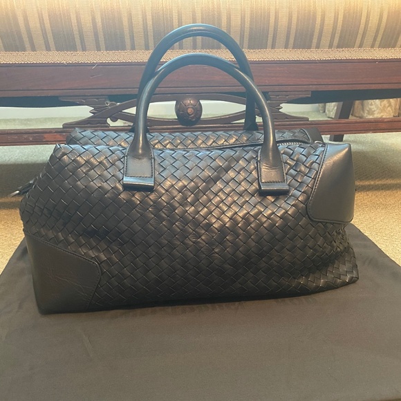 NEW Christopher Kon 100% Genuine Woven Leather Satchel Black - Bottega V Style - Picture 2 of 5